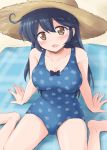  1girl black_hair blanket blue_swimsuit blush breasts brown_eyes cleavage collarbone hat kantai_collection large_breasts long_hair looking_at_viewer marugoshi_(54burger) open_mouth polka_dot polka_dot_swimsuit sitting smile solo straw_hat swimsuit ushio_(kantai_collection) very_long_hair wariza 