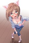  1girl animal_ears brown_hair cat_ears dripping glasses idolmaster idolmaster_cinderella_girls maekawa_miku maru_(sara_duke) no_socks open_mouth shoes short_hair sneakers solo sweat sweating 