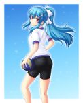  1girl alternate_costume bike_shorts blue_hair blue_sky bow clouds food fruit gomi_(gomitin) gym_uniform hair_bow hair_ornament hairclip hinanawi_tenshi long_hair looking_at_viewer looking_back peach pink_eyes ponytail puffy_sleeves revision shirt sky smile solo touhou very_long_hair 