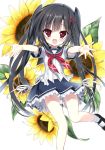  1girl black_hair flower long_hair original outstretched_arms red_eyes school_uniform serafuku solo sunflower takahashi_tetsuya twintails 