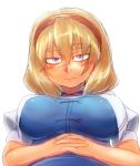  1girl alice_margatroid blonde_hair blue_eyes blush breasts capelet eyebrows flat_gaze hairband hands_clasped highres large_breasts short_hair short_sleeves sketch thick_eyebrows tora_(trampjing) touhou 