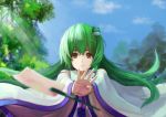  1girl absurdres blue_sky blurry concentrating depth_of_field detached_sleeves floating_hair floating_object forest frog_hair_ornament green_hair hair_ornament hair_tubes highres hoshino_arika kochiya_sanae light_rays long_hair looking_at_viewer nature nontraditional_miko oonusa open_hand sky sleeveless solo stance sunlight touhou tree upper_body very_long_hair yellow_eyes 