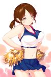  1girl alternate_breast_size alternate_costume bangs blew_andwhite blush breasts brown_eyes brown_hair cheerleader heart highres kantai_collection looking_at_viewer low_twintails navel parted_bangs pleated_skirt pom_poms shirayuki_(kantai_collection) short_hair skirt smile solo twintails 