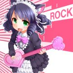  1girl animal_ears bell black_hair blush bow cat_ears curly_hair cyan_(show_by_rock!!) faubynet gothic_lolita green_eyes guitar highres instrument lolita_fashion looking_at_viewer open_mouth short_hair show_by_rock!! smile solo 