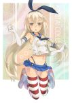  1girl :o anchor_hair_ornament blonde_hair blue_skirt copyright_name elbow_gloves gloves hair_ornament hairband kantai_collection long_hair looking_at_viewer navel pajant shimakaze_(kantai_collection) skirt solo star striped striped_legwear white_gloves yellow_eyes 