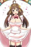  1girl :d black_legwear blush breasts brown_hair cleavage garter_straps heart kantai_collection kongou_(kantai_collection) large_breasts long_hair looking_at_viewer open_mouth shigure-p skirt skirt_lift smile solo thigh-highs violet_eyes 