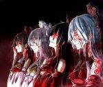  4girls ascot bare_shoulders bow crossed_arms detached_sleeves glowing glowing_eyes hair_bow hair_tubes hakurei_reimu long_hair m.u.g.e.n maga-reimu multiple_girls multiple_persona profile rion_(glayjirobass) smile tattoo touhou upper_body yin_yang 