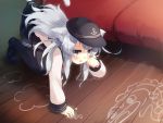  1girl all_fours animal_ears black_legwear cat_ears cat_tail chalk commentary_request couch doodle gengetsu_chihiro grey_eyes hat hibiki_(kantai_collection) highres kantai_collection kemonomimi_mode long_hair open_mouth pantyhose paw_pose sailor_hat school_uniform serafuku shirt silver_hair skirt solo tail very_long_hair 