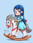  1girl :d absurdres blue_dress blue_eyes blue_hair blush_stickers child dated dress highres isedaichi_ken long_hair minazuki_karen open_mouth precure riding rocking_horse smile solo twitter_username yes!_precure_5 younger 