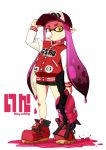  1girl absurdres baseball_cap bike_shorts boots bubble bubble_blowing bubblegum hat highres inkling letterman_jacket long_hair long_sleeves mask mayoi89g pink_hair pointy_ears shoes solo splatoon tentacle_hair yellow_eyes 