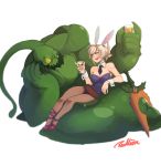  1boy 1girl animal_ears belt breasts bunnysuit cleavage drinking_glass folded_ponytail goo_guy highres league_of_legends martini_glass rabbit_ears redlion riven_(league_of_legends) short_hair silver_hair slime sword weapon zac 