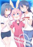  3girls :d black_hair blue_eyes blue_hair breasts brown_eyes casual collarbone crossover dated furutani_himawari gym_uniform happy_birthday kitahara_tomoe_(kitahara_koubou) large_breasts love_live!_school_idol_project mimori_suzuko multiple_girls open_mouth pink_hair seiyuu_connection sherlock_shellingford smile sonoda_umi tantei_opera_milky_holmes track_suit yuru_yuri 