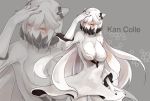  1girl breasts cleavage covered_mouth dress horns kantai_collection large_breasts long_hair looking_at_viewer midway_hime pale_skin red_eyes shinkaisei-kan solo very_long_hair white_dress white_hair white_skin yexin 