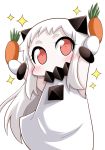  1girl carrot commentary covered_mouth dress highres horns kantai_collection long_hair mittens northern_ocean_hime shinkaisei-kan simple_background sleeveless sleeveless_dress solo sparkle white_background white_hair yamato_nadeshiko 