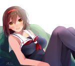  1girl :d alternate_costume black_legwear blush breasts brown_hair dated headband kantai_collection looking_at_viewer older open_mouth panties panties_under_pantyhose pantyhose shiratsuyu_(kantai_collection) short_hair sitting sleeveless smile solo tbd11 underwear yellow_eyes 