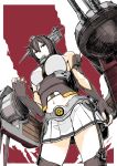  1girl bare_shoulders breasts brown_gloves brown_hair brown_legwear elbow_gloves fingerless_gloves foreshortening from_below garter_straps gloves headgear kantai_collection long_hair machinery nagato_(kantai_collection) navel pleated_skirt skirt solo tagme tanaka_hirotaka thigh-highs 