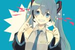  1girl bare_shoulders blue_eyes blue_hair blush detached_sleeves grin hatsune_miku headset looking_at_viewer necktie pointing pointing_at_self smile solo twintails vocaloid 