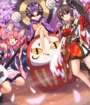  3girls a_(show_by_rock!!) absurdres animal_ears barefoot black_hair blue_eyes breasts brown_eyes cat_ears cherry_blossoms cleavage daru_dayu eruthika guitar happy highres instrument moon multiple_girls one_eye_closed pink_hair ponytail purple_hair show_by_rock!! smile tail twintails un_(show_by_rock!!) yellow_eyes 