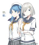  2015 2girls arms_behind_back beret blue_eyes blue_hair breast_rest breasts crossed_arms dated double_bun gloves hair_ornament hair_over_one_eye hairclip hamakaze_(kantai_collection) hat kantai_collection kawashina_(momen_silicon) large_breasts long_hair looking_at_viewer multiple_girls pleated_skirt school_uniform serafuku short_hair silver_hair simple_background skirt urakaze_(kantai_collection) white_background white_gloves 