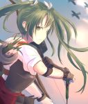  1girl a6m_zero airplane antiqq arrow bow_(weapon) clouds expressionless green_eyes green_hair hair_ribbon holding kantai_collection long_hair looking_at_viewer muneate outdoors quiver ribbon short_sleeves sketch sky solo twintails upper_body weapon zuikaku_(kantai_collection) 