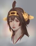  1girl ahoge backlighting brown_eyes brown_hair chou_xxx double_bun grey_background hairband headgear highres kantai_collection kongou_(kantai_collection) lips lipstick long_hair looking_at_viewer makeup nontraditional_miko nose portrait realistic solo 