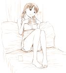  1girl barefoot bed book monochrome original overalls sketch solo traditional_media yoshitomi_akihito 