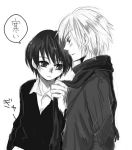  2boys black_hair blonde_hair blush darren_shan hands_in_pockets lowres monochrome multiple_boys necktie scarf short_hair steve_leonard sweater the_saga_of_darren_shan 