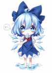  1girl ahoge barefoot blue_dress blue_eyes blue_hair bow bowtie chibi cirno dot_nose dress dress_shirt dripping hair_bow highres ice ice_wings melting popsicle puffy_short_sleeves puffy_sleeves red_bow shirt short_hair short_sleeves simple_background solo suzuka_sario touhou wavy_hair white_background white_shirt wings 