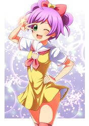  1girl ;d ahoge bow double_bun green_eyes hair_bow hand_on_hip heart highres looking_at_viewer manaka_lala one_eye_closed open_mouth pripara purple_hair rokko school_uniform short_hair smile solo star thigh-highs v 