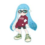  1girl bike_shorts blue_eyes blue_hair glasses hand_on_hip hoodie inkling nintendo outline pointy_ears rountain shoes simple_background smile sneakers splatoon tentacle_hair 