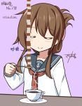  1girl brown_hair closed_eyes cup folded_ponytail gurande_(g-size) highres inazuma_(kantai_collection) kantai_collection long_hair school_uniform serafuku spoon stack teacup 