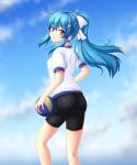  1girl alternate_costume bike_shorts blue_hair blue_sky bow clouds food fruit gomi_(gomitin) gym_uniform hair_bow hair_ornament hairclip hinanawi_tenshi long_hair looking_at_viewer looking_back peach pink_eyes ponytail puffy_sleeves shirt sky smile solo touhou very_long_hair 