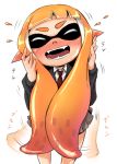 1girl 4shi blush closed_eyes ear_blush embarrassed expressive_hair fangs hands_on_own_face highres inkling necktie nintendo open_mouth orange_hair pointy_ears school_uniform skirt splatoon tentacle_hair 