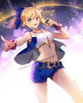  1girl alternate_costume aqua_eyes astarone blonde_hair bow cowboy_shot dated fate/stay_night fate_(series) hair_bow microphone midriff pointing ponytail saber short_hair short_shorts shorts solo strapless tubetop 