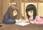  2girls bangs black_hair brown_eyes brown_hair cellphone cellphone_charm collared_shirt commentary_request female homework minagiku multiple_girls original pencil phone school_uniform shirt smartphone table violet_eyes 