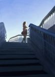  1girl commentary contrast kneehighs original pedestrian_bridge school_uniform skirt solo stairs tnt_(aaaazzzz) twilight wind 