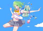  1girl :d blue_sky candy gnosis_(ylyk) green_eyes green_hair groin gumi highres midriff navel open_mouth skirt sky smile solo summer vocaloid 