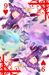  1girl bow card card_(medium) crescent hair_bow hat hat_ribbon highres long_hair looking_at_viewer parted_lips patchouli_knowledge playing_card purple_hair reaching_out ribbon touhou violet_eyes yoiti 