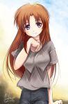  1girl blush brown_hair highres kem_kem long_hair looking_at_viewer original smile solo violet_eyes 