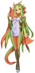  1girl blush boots bridal_gauntlets brown_eyes elbow_gloves fan folding_fan full_body gloves green_gloves green_hair highres horns katagiri_hachigou long_hair looking_at_viewer personification pokemon salamence simple_background smile solo standing tail thigh-highs thigh_boots very_long_hair white_background 
