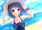  1girl adjusting_clothes adjusting_hat beach breasts brown_eyes building clouds kantai_collection long_hair ocean open_mouth polka_dot polka_dot_swimsuit sand sky smile swimsuit ushio_(kantai_collection) water yuzukaze_rio 