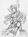  armpits arms_up artist_request breasts china_dress chinese_clothes flower graphite_(medium) hair_flower hair_ornament long_hair maria_cadenzavuna_eve monochrome senki_zesshou_symphogear simple_background sleeveless smile solo thigh-highs traditional_media 