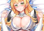  1girl blonde_hair blush breasts cendrillion_(wonderland_wars) cleavage earrings hair_ribbon jewelry long_hair looking_at_viewer lying miyamoto_issa on_back parted_lips ribbon shoulder_armour solo wonderland_wars 