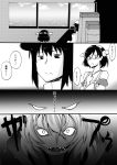  3girls clenched_hand comic fangs female_admiral_(kantai_collection) frown glasses hand_on_own_chest ichiei kantai_collection kirishima_(kantai_collection) monochrome multiple_girls re-class_battleship shinkaisei-kan translation_request window 