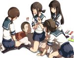  !? 1boy 4girls admiral_(kantai_collection) black_hair black_legwear blush book brown_eyes brown_hair curious fubuki_(kantai_collection) girl_on_top hatsuyuki_(kantai_collection) kantai_collection kneehighs long_hair low_ponytail low_twintails mars_symbol miyuki_(kantai_collection) multiple_girls no_shoes open_mouth payot pleated_skirt ponytail sakura_(medilore) school_uniform serafuku shirayuki_(kantai_collection) short_hair short_sleeves skirt straddling twintails twitter_username undressing venus_symbol 