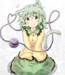  1girl animal_ears cat_ears cat_tail frilled_skirt frilled_sleeves frills green_eyes green_hair kemonomimi_mode komeiji_koishi musical_note natsu_no_koucha no_hat shirt short_hair sitting skirt tail third_eye touhou wing_collar 