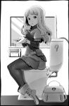  1girl blush boots bracelet candle cup dress highres hime_cut holding jewelry long_hair looking_at_viewer mirror monochrome original pantyhose saucer short_dress sitting solo teacup toilet uni_mate 