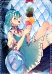  1girl blue_dress blue_eyes blue_hair bow cirno dress dutch_angle food hair_bow ice ice_cream ice_cream_cone ice_wings open_mouth puffy_short_sleeves puffy_sleeves shirt short_sleeves single_thighhigh sitting smile solo thigh-highs tian_(my_dear) touhou wings 
