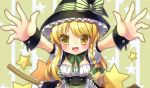  1girl blonde_hair blush bow bowtie braid broom hair_bow hat hat_bow hat_ribbon kirisame_marisa long_hair looking_at_viewer open_mouth outstretched_arms ribbon silver15 single_braid smile solo spread_arms star starry_background touhou witch_hat wrist_cuffs yellow_eyes 