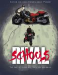  1girl ahoge akira alex_ahad biker_clothes brown_hair from_above from_behind kazama_akira motor_vehicle motorcycle parody rival_schools rival_schools:_united_by_fate short_hair shoulder_pads solo vehicle 